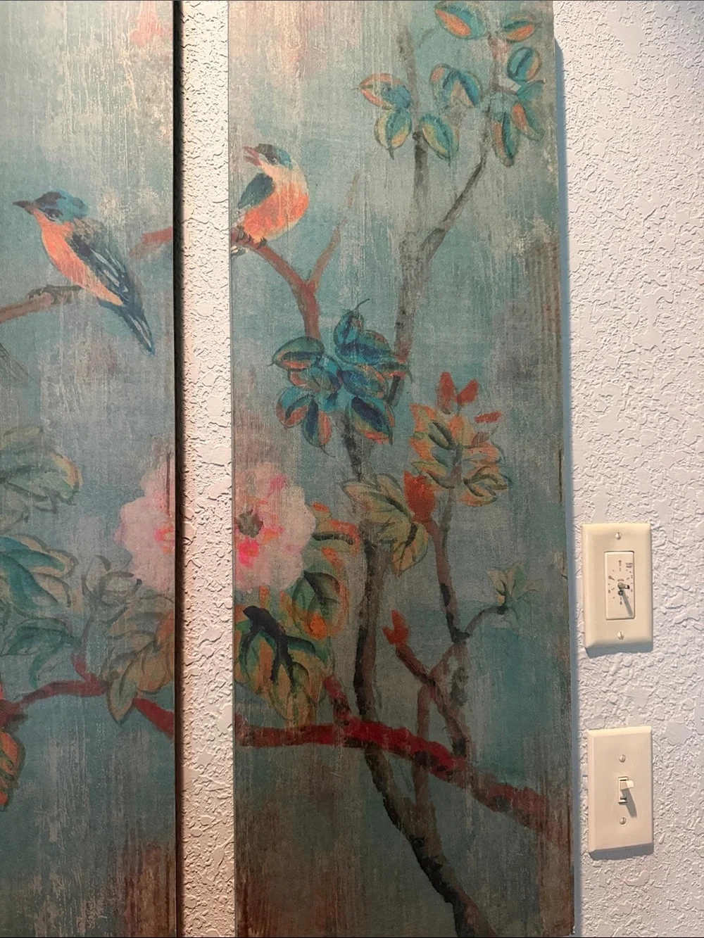 Pottery Barn Teal and Coral Botanical/Bird chinoiserie Triptych